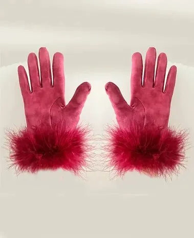 1980s DIOR Strawberry Red Suede Feathered Gloves