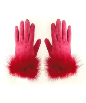 1980s DIOR Strawberry Red Suede Feathered Gloves