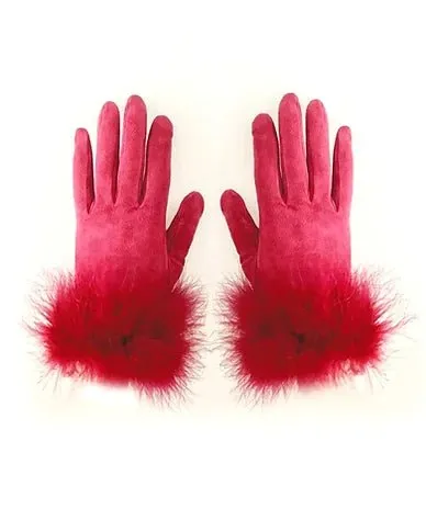 1980s DIOR Strawberry Red Suede Feathered Gloves