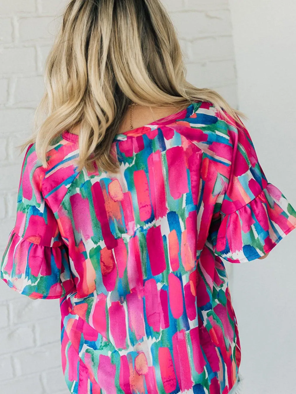 Abstract Rose Brushstroke V Neck Blouse with Ruffle Sleeves