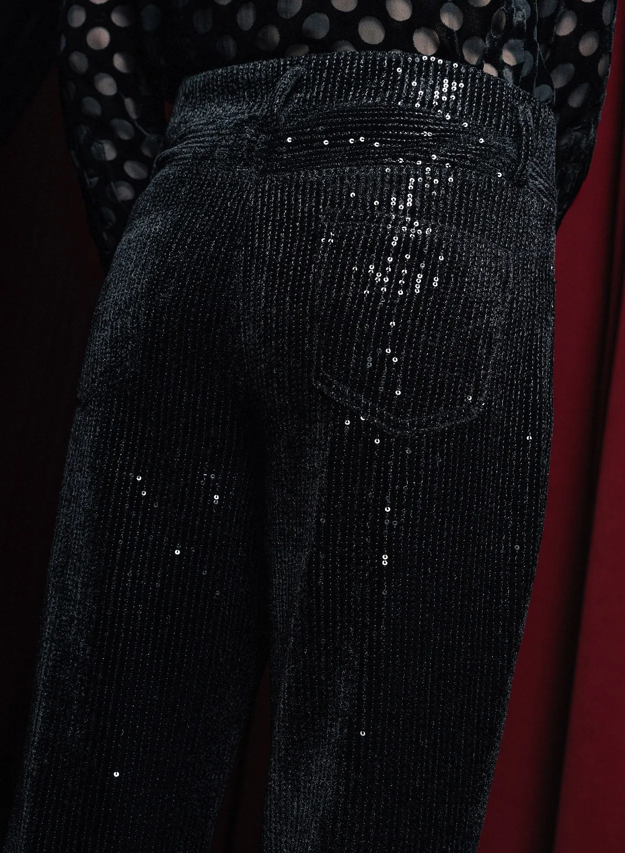 Black Sequin Velvet Flared Trouser