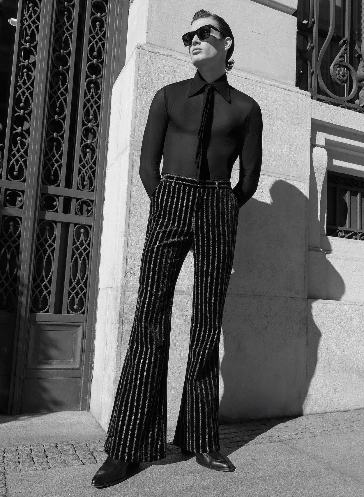 Black Silver Stripe Velvet Flare Trousers