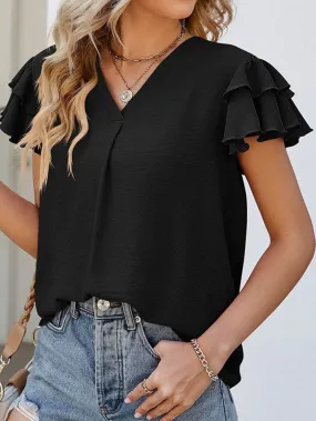 Black V Neck Elegant Ruffle Sleeve Blouse