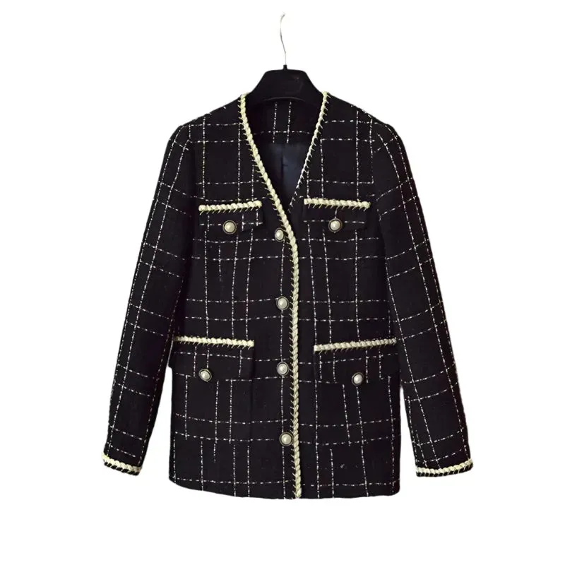 Black V-Neck Plaid Tweed Coat Women