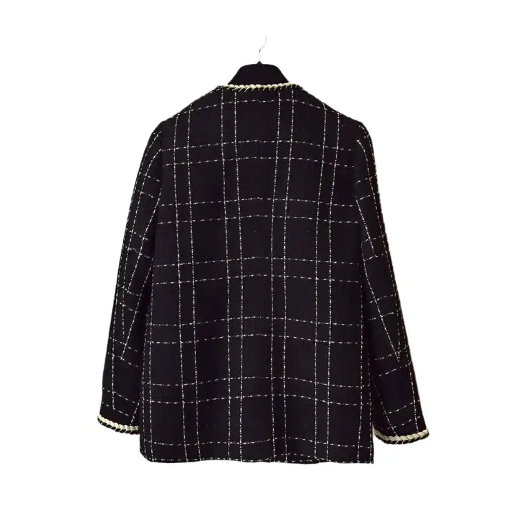 Black V-Neck Plaid Tweed Coat Women