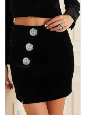 Black Velvet Mini Skirt with Buttons