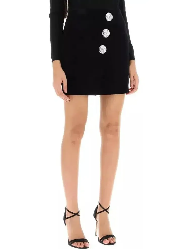 Black Velvet Mini Skirt with Buttons