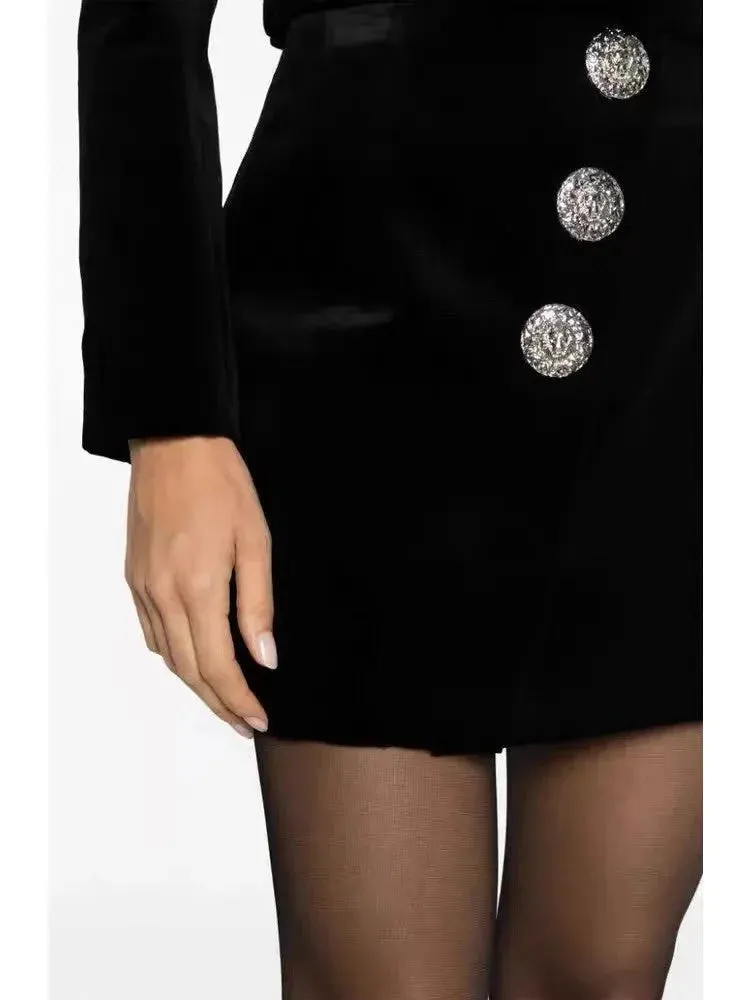 Black Velvet Mini Skirt with Buttons