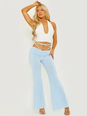 Blue Slinky Ruched Tie Waist Wide Leg Flare Trousers