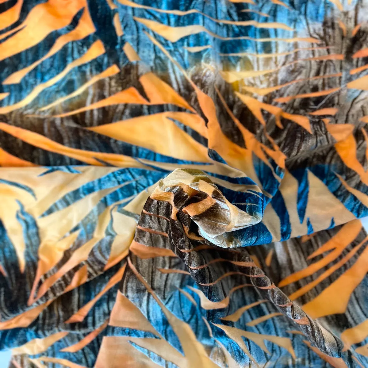 Blue Tie Dye | Beige Palm Tree Burnout Stretch Velvet Fabric