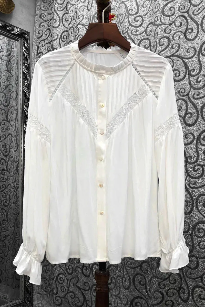 Boho Ruffled Button Up Blouses Long Sleeve Pleated Lace Panels