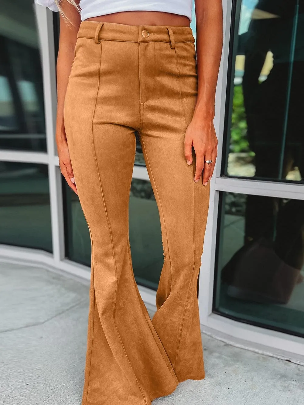 Button Fly Suede Flare Trousers