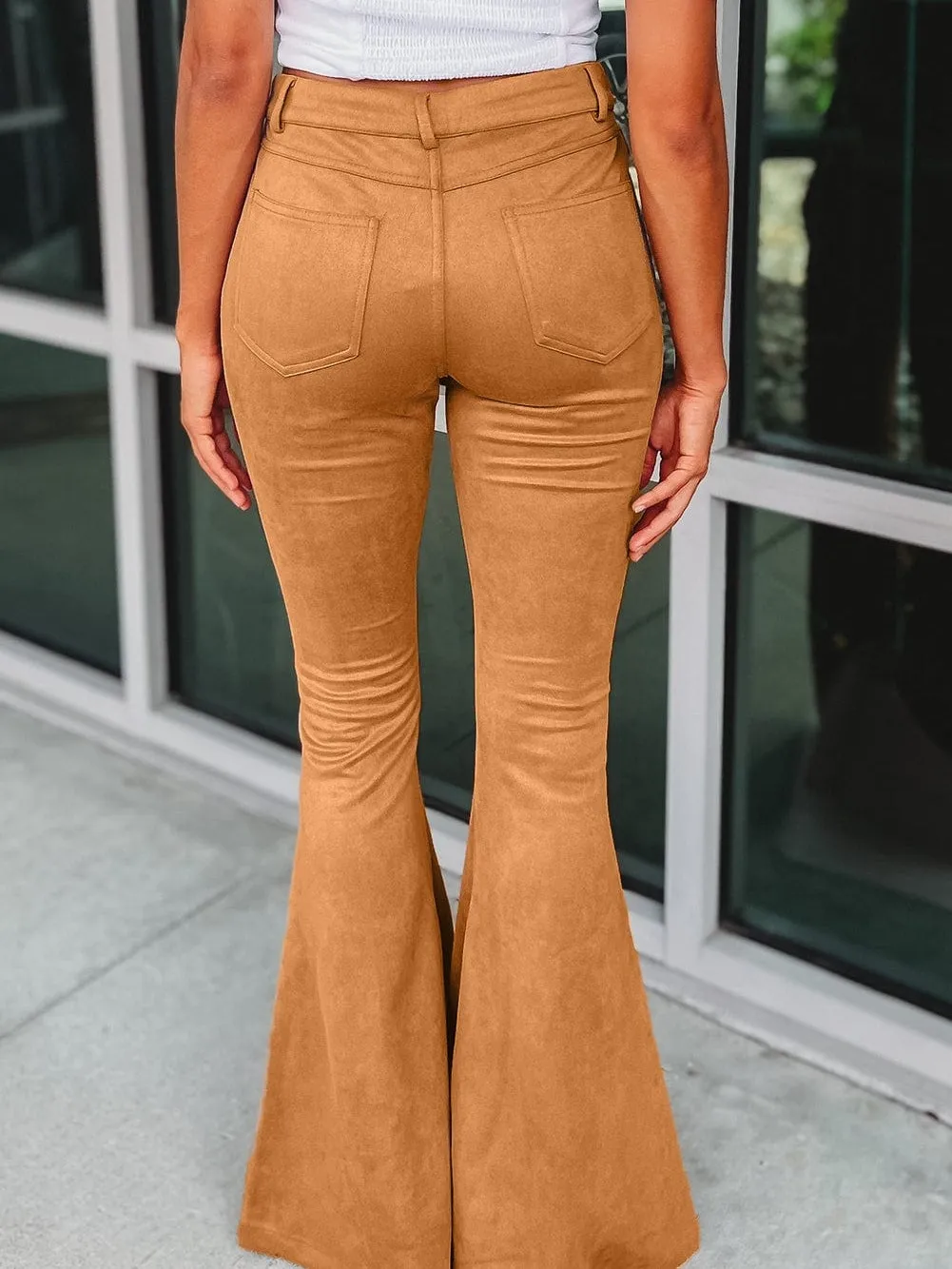 Button Fly Suede Flare Trousers