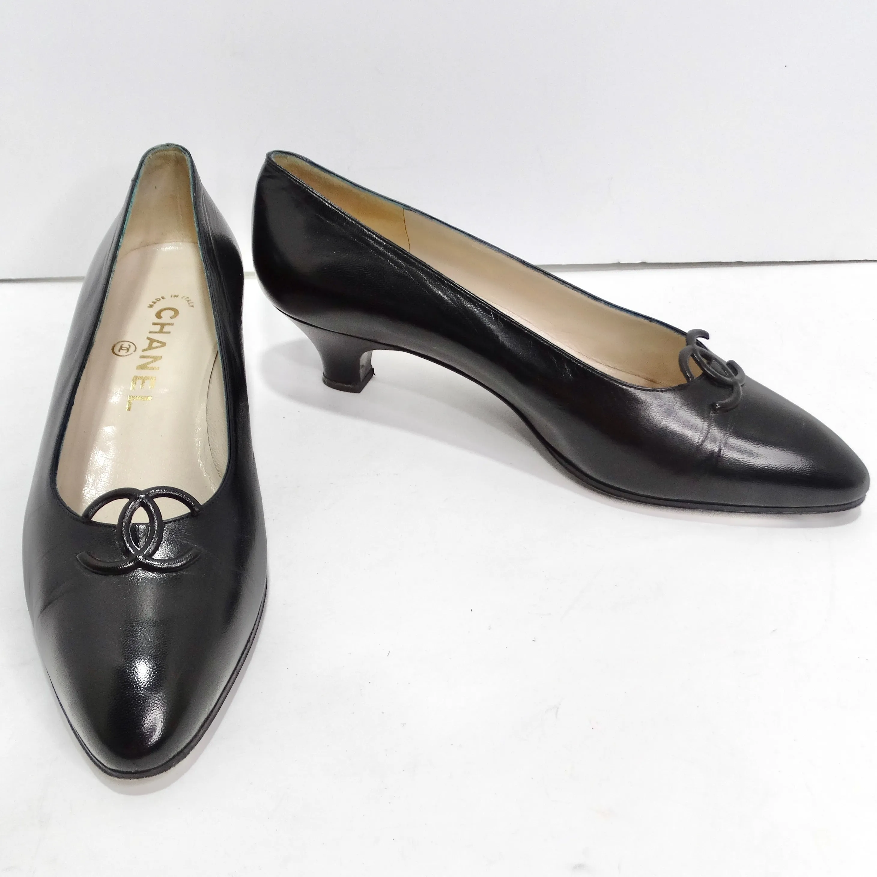 Chanel 1980s CC Black Leather Kitten Heels