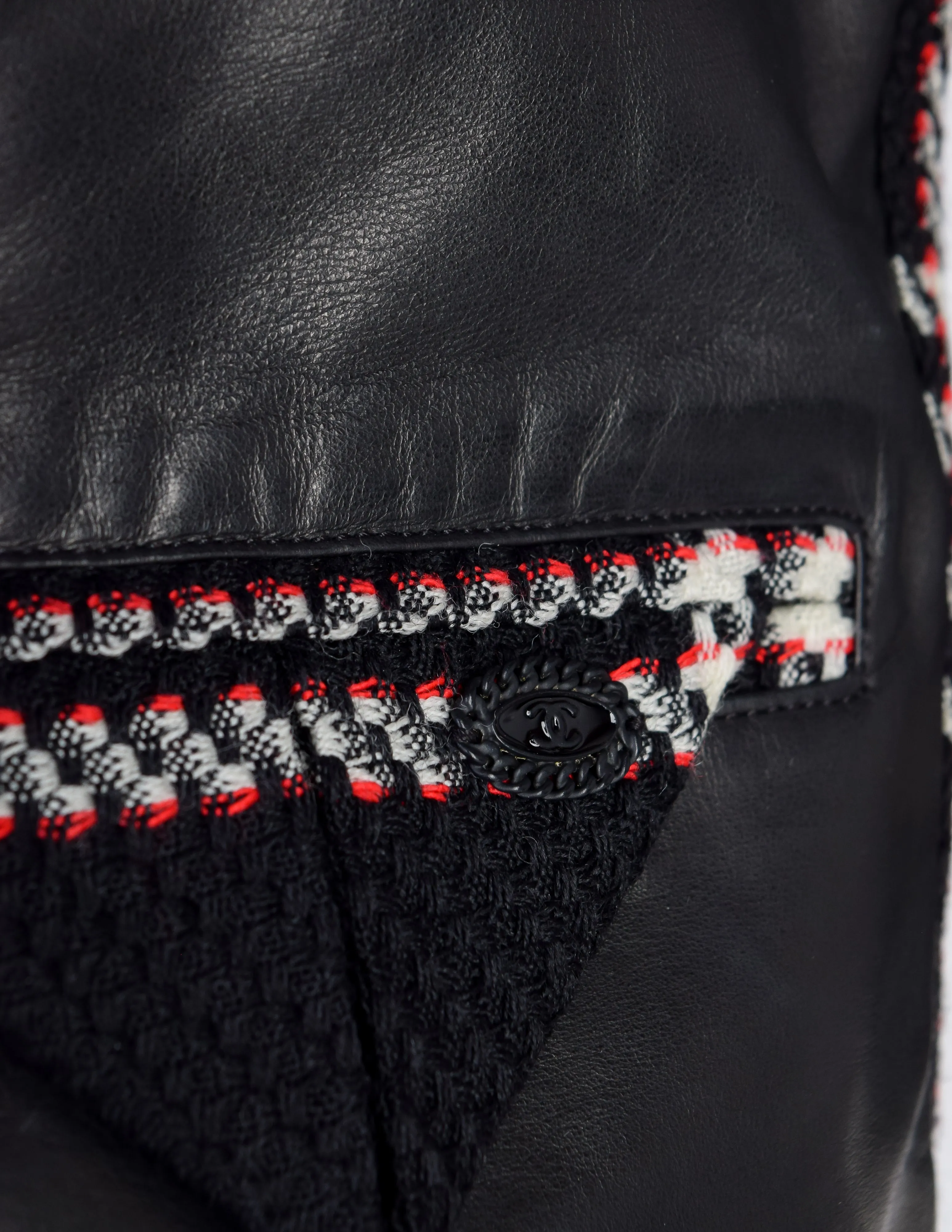 Chanel Vintage AW 2007 Tweed Detail Cropped Black Leather Jacket