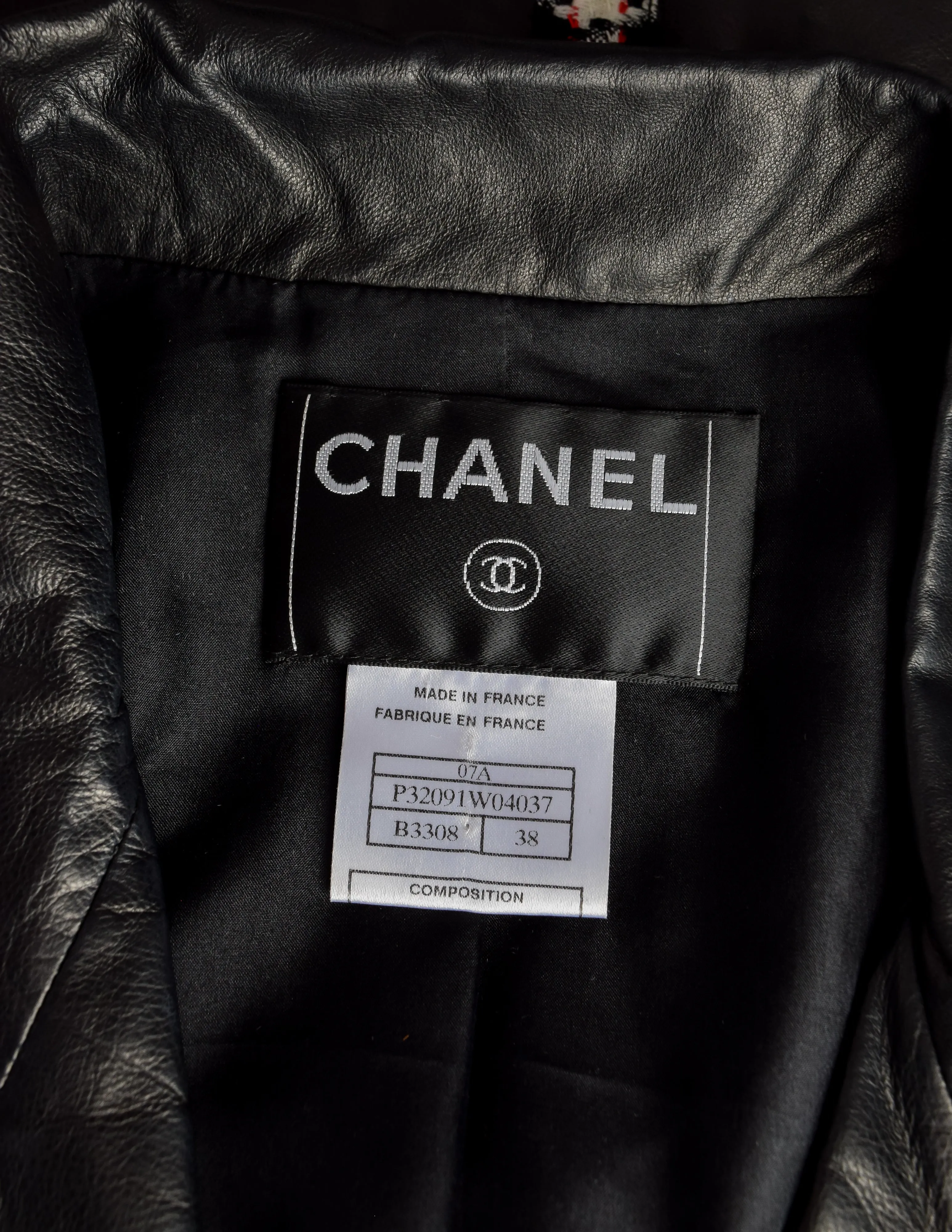 Chanel Vintage AW 2007 Tweed Detail Cropped Black Leather Jacket