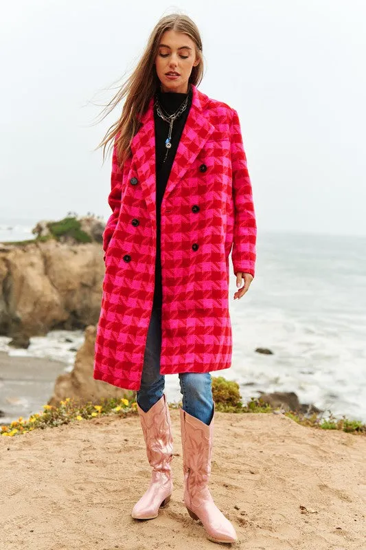 Chic Double Breasted Textured Tweed Coat - Black/White or Pink/Red