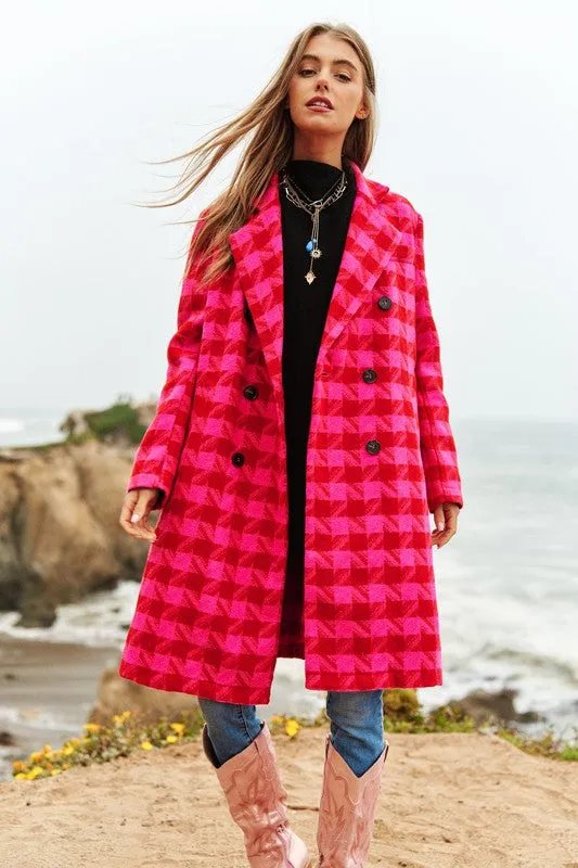 Chic Double Breasted Textured Tweed Coat - Black/White or Pink/Red