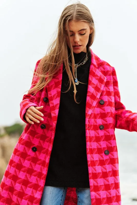 Chic Double Breasted Textured Tweed Coat - Black/White or Pink/Red