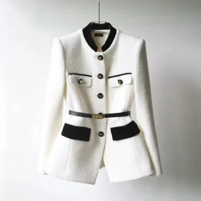 Chic White Black Single Breasted Elegant Tweed Jacket