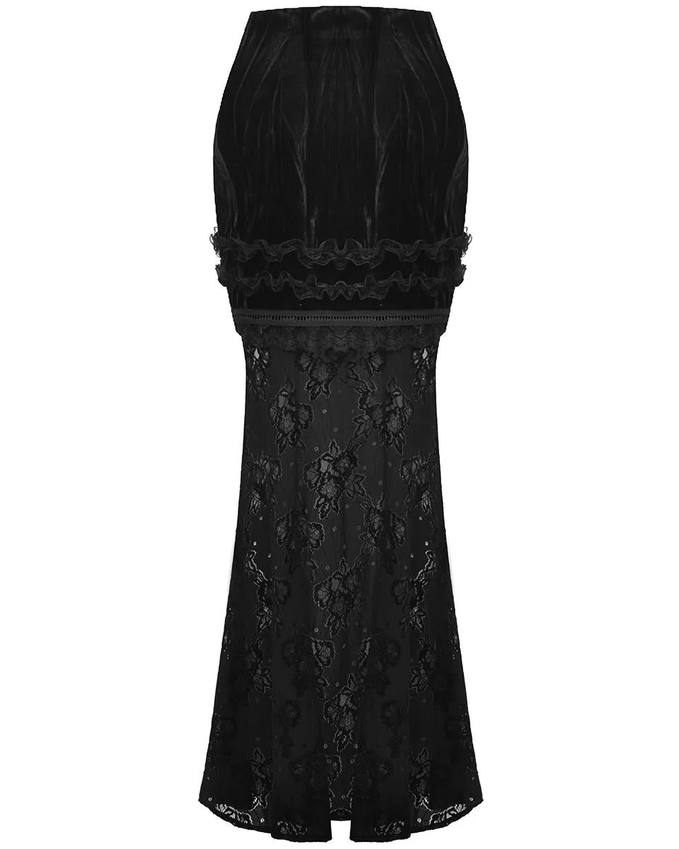 Dark In Love Long Gothic Crush Velvet & Lace Applique Mermaid Maxi Skirt