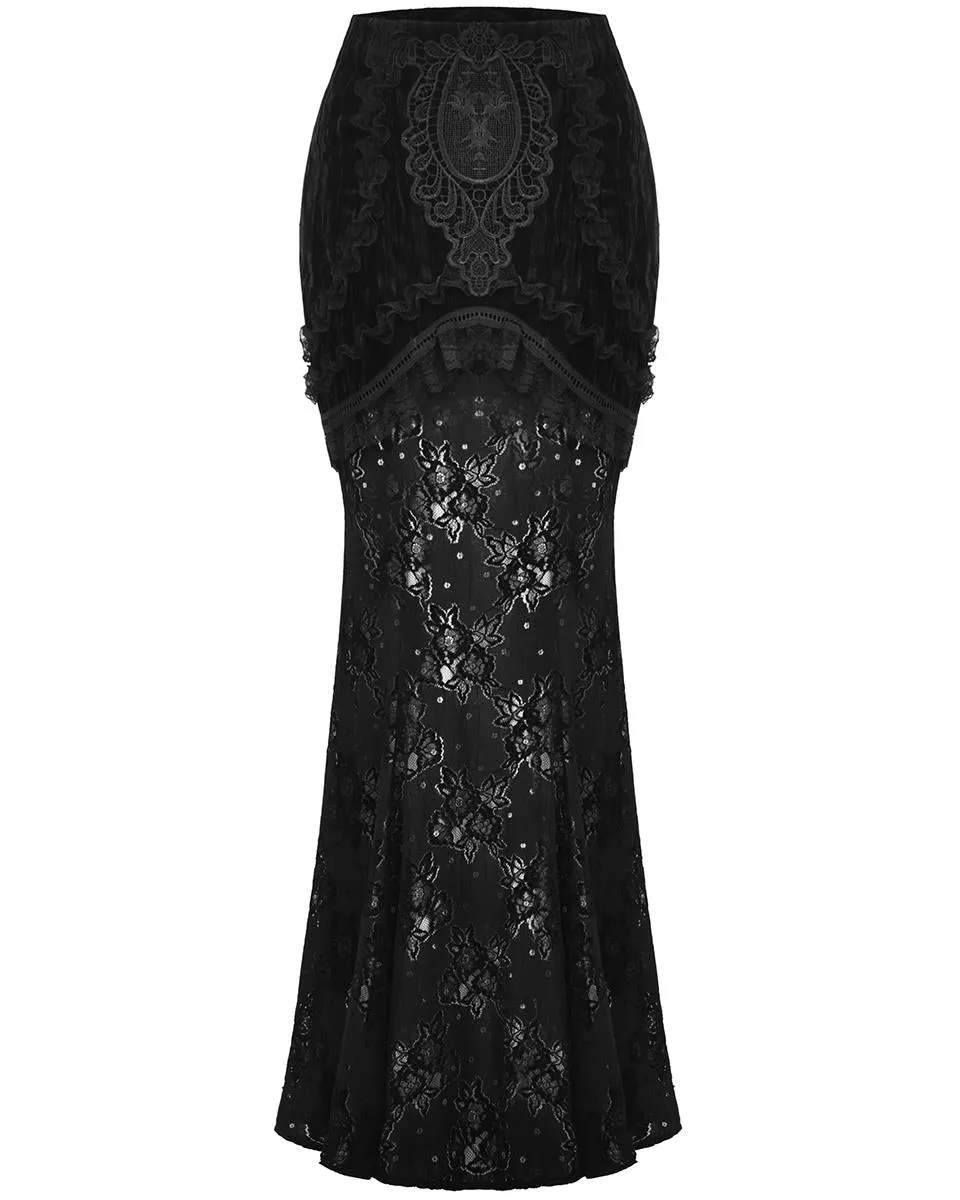 Dark In Love Long Gothic Crush Velvet & Lace Applique Mermaid Maxi Skirt