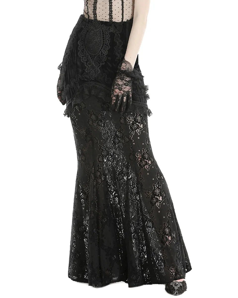 Dark In Love Long Gothic Crush Velvet & Lace Applique Mermaid Maxi Skirt