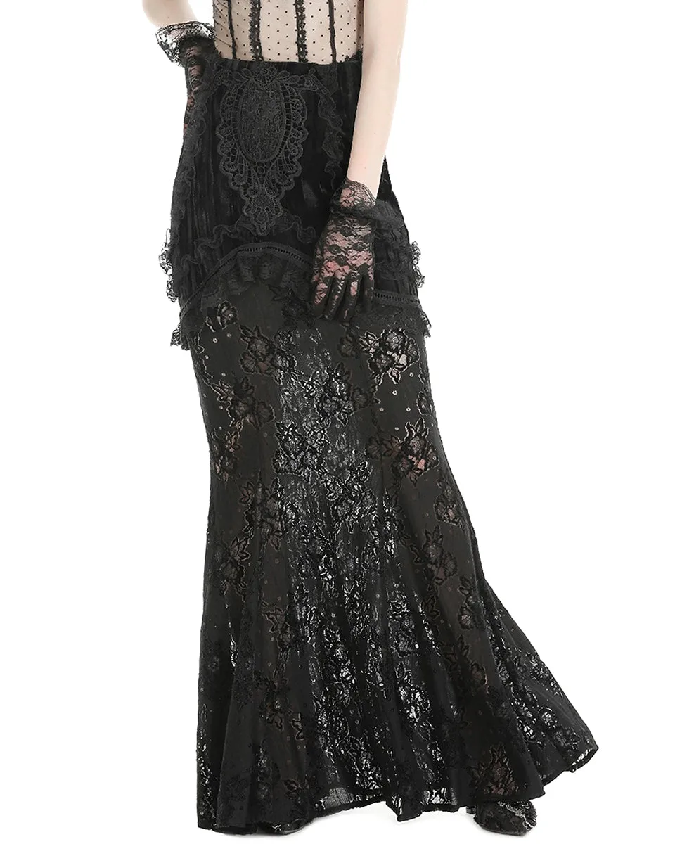 Dark In Love Long Gothic Crush Velvet & Lace Applique Mermaid Maxi Skirt