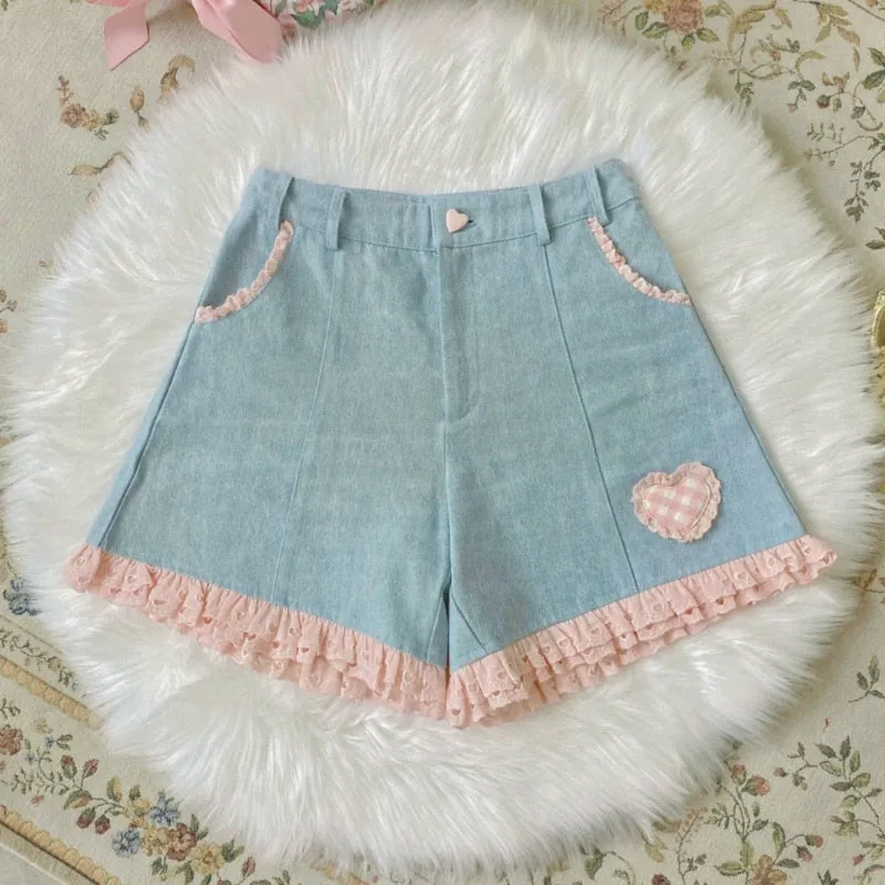 Denim Ruffle Heart Shorts