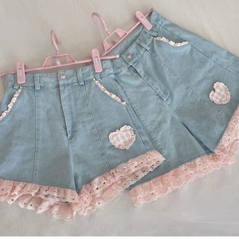 Denim Ruffle Heart Shorts