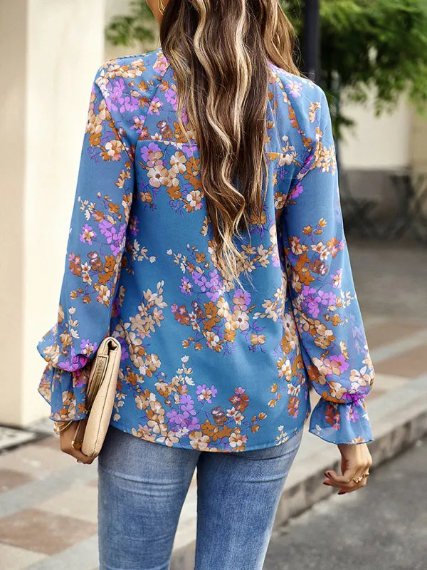 Elegant Commuter Plant Print Stitching Ruffled Shirt