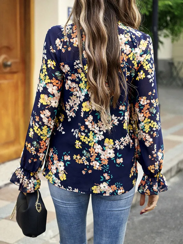 Elegant Commuter Plant Print Stitching Ruffled Shirt