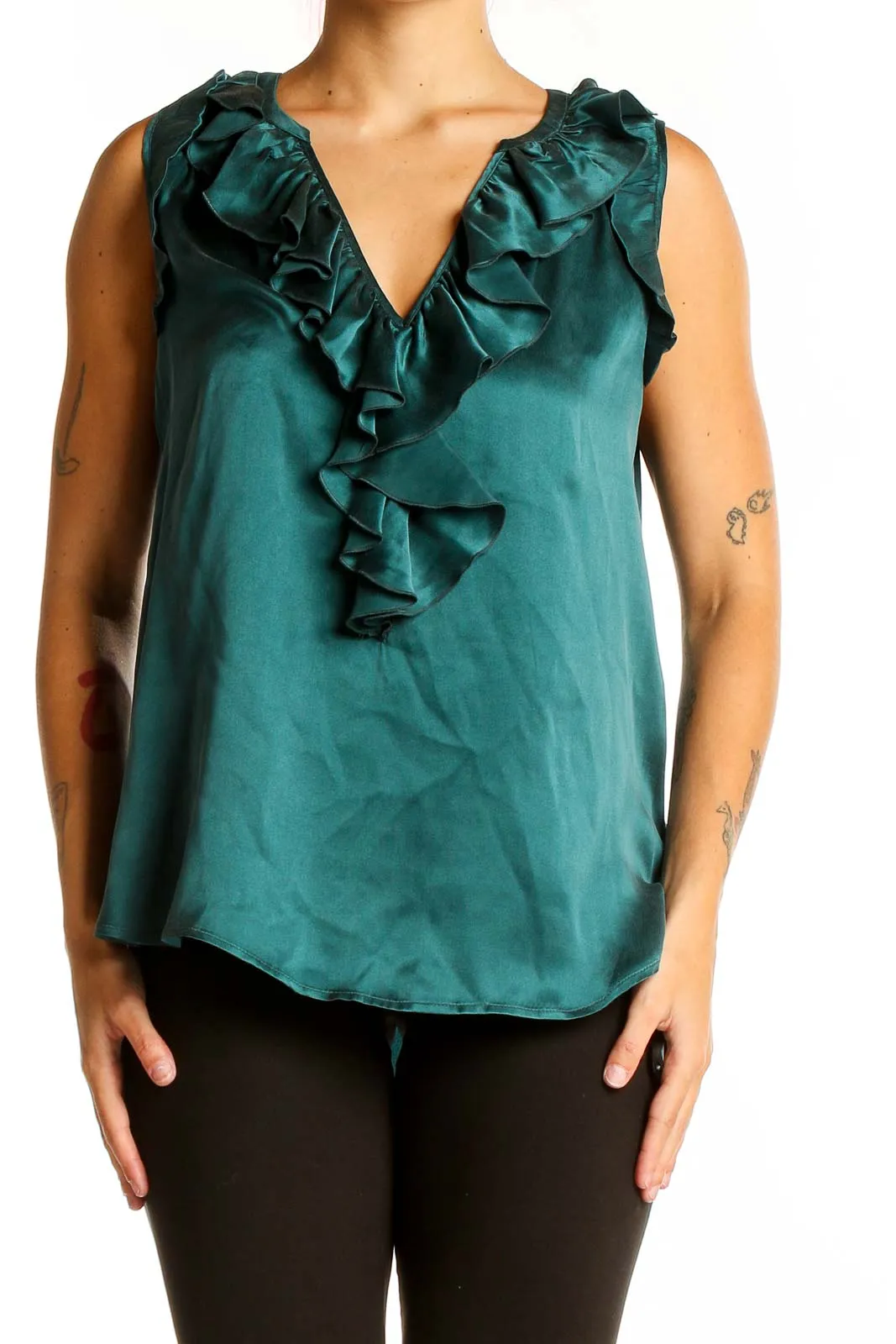 Emerald Green Silk Ruffled Sleeveless Blouse