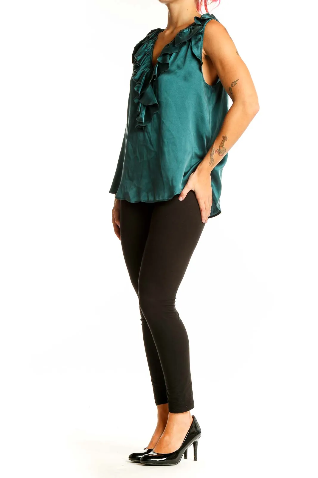 Emerald Green Silk Ruffled Sleeveless Blouse