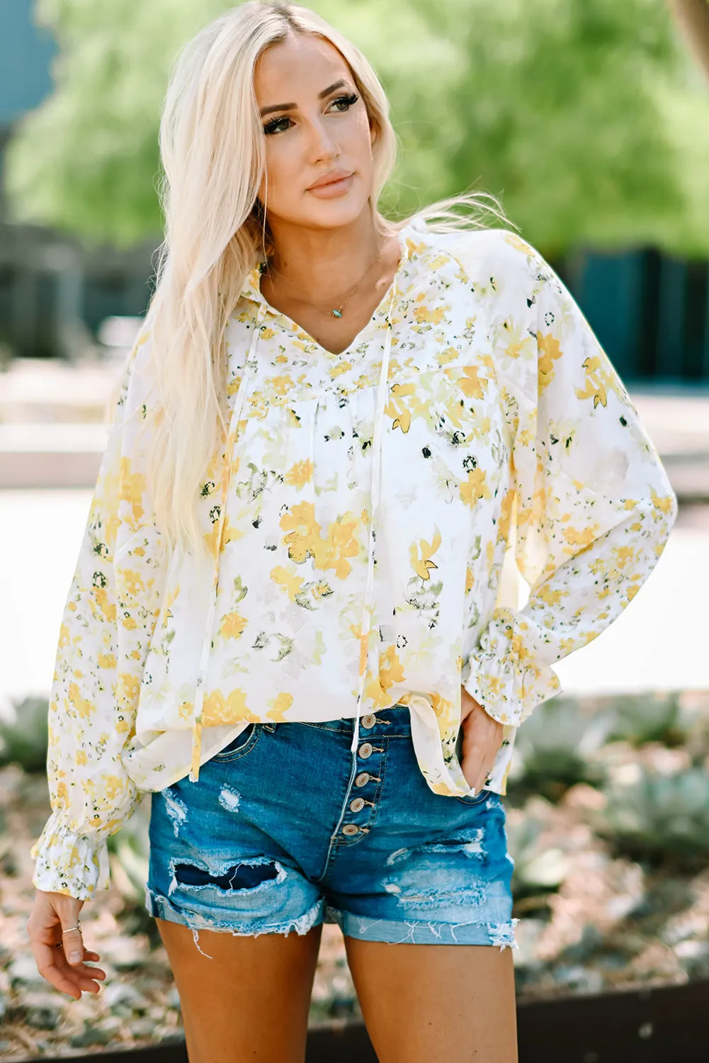 Floral Print Ruffled Puffy Sleeve Blouse