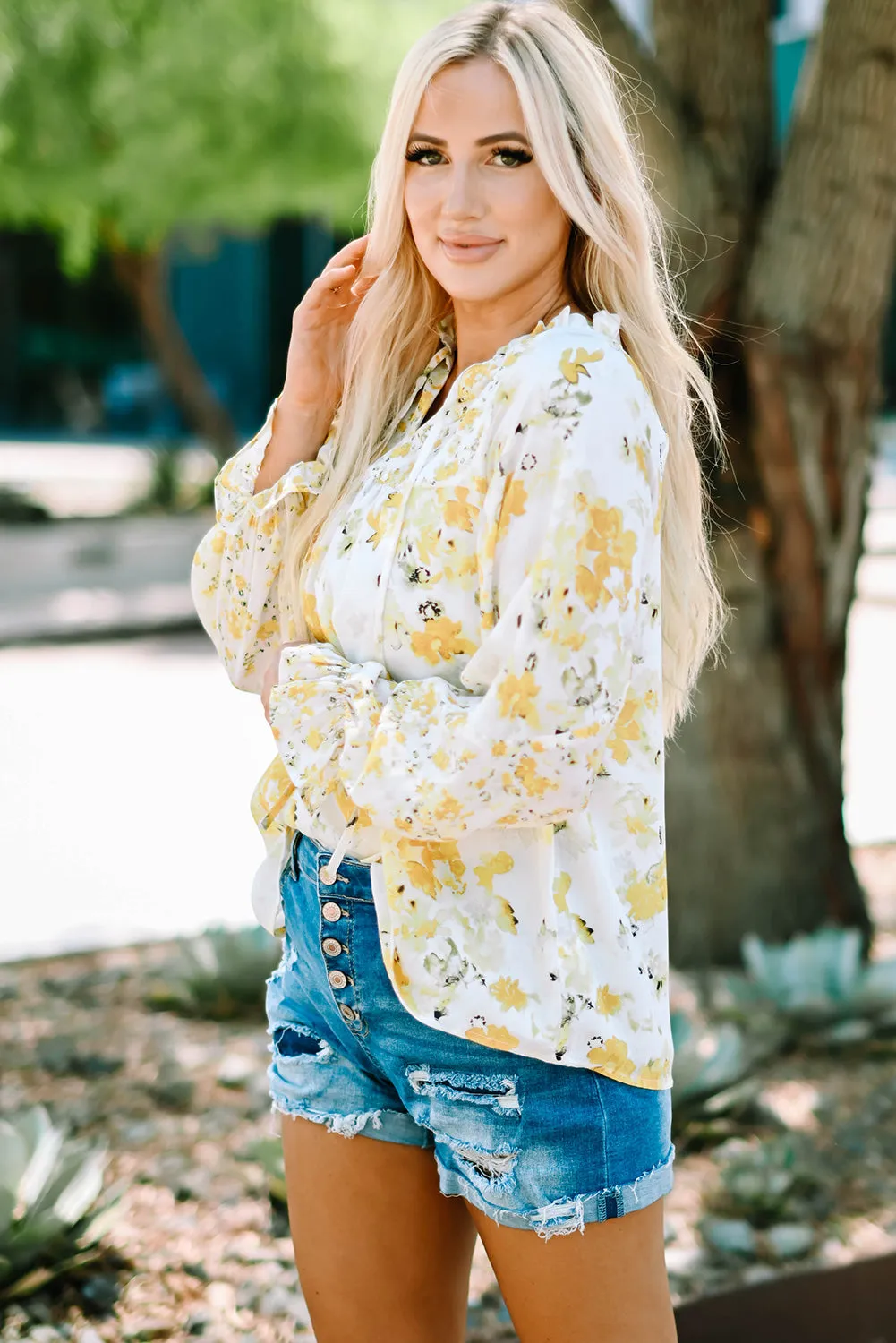 Floral Print Ruffled Puffy Sleeve Blouse