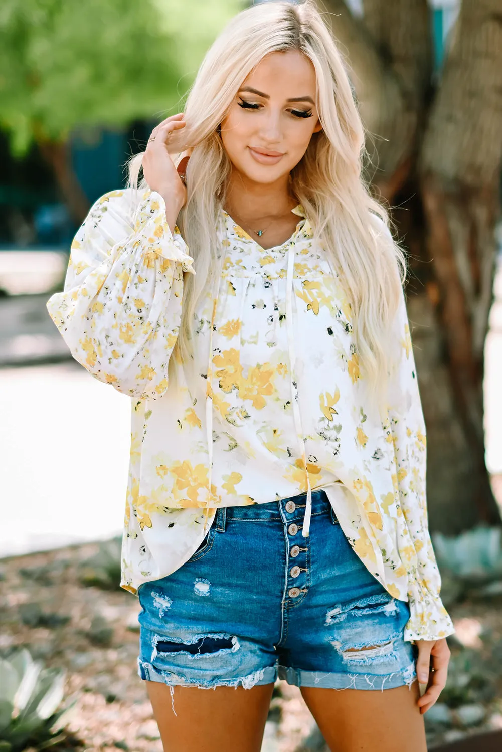 Floral Print Ruffled Puffy Sleeve Blouse