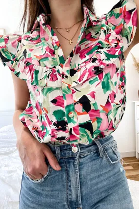 Floral Print Ruffled Sleeveless Shirt