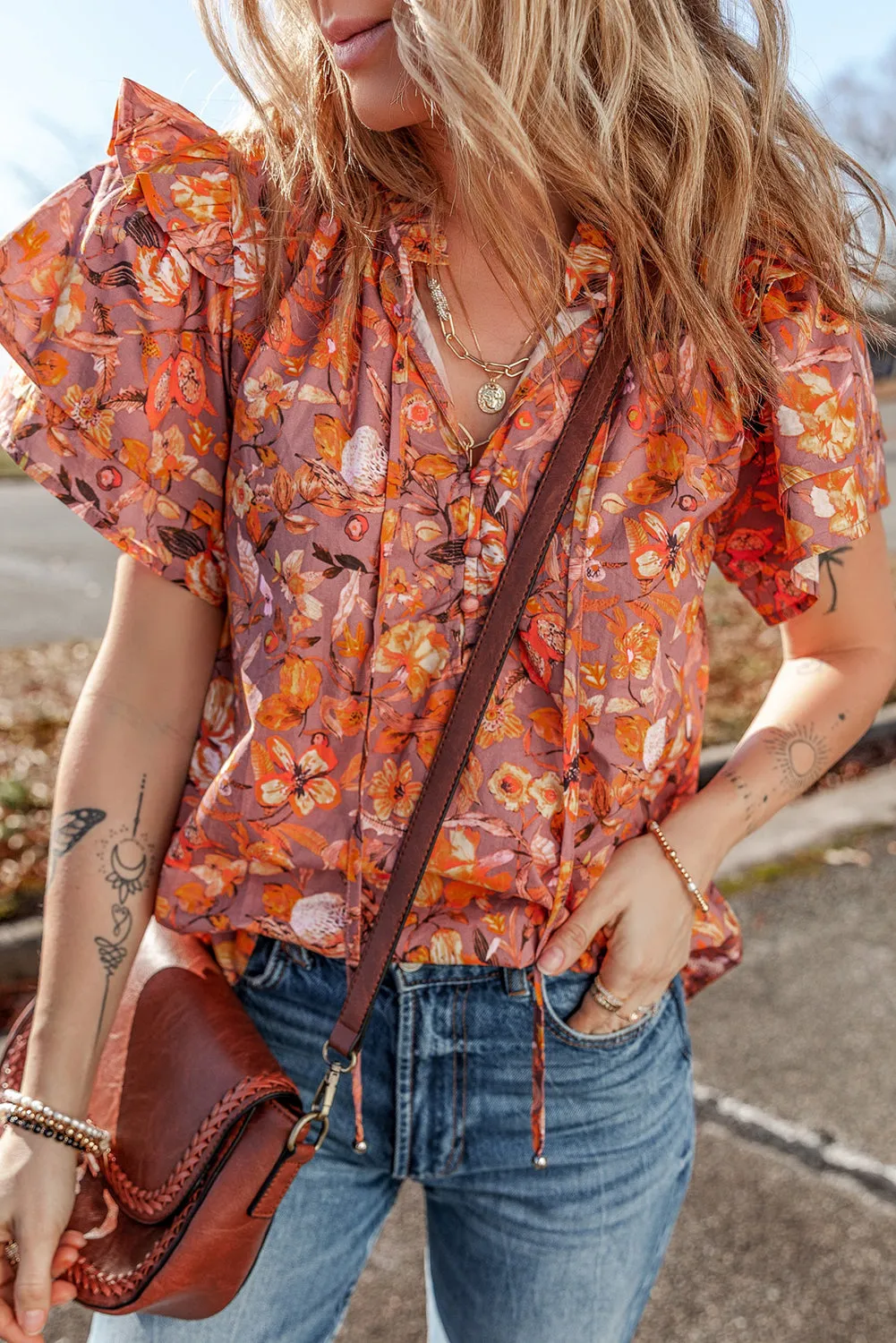 Floral Ruffled Flutter Sleeve Frilled Blouse