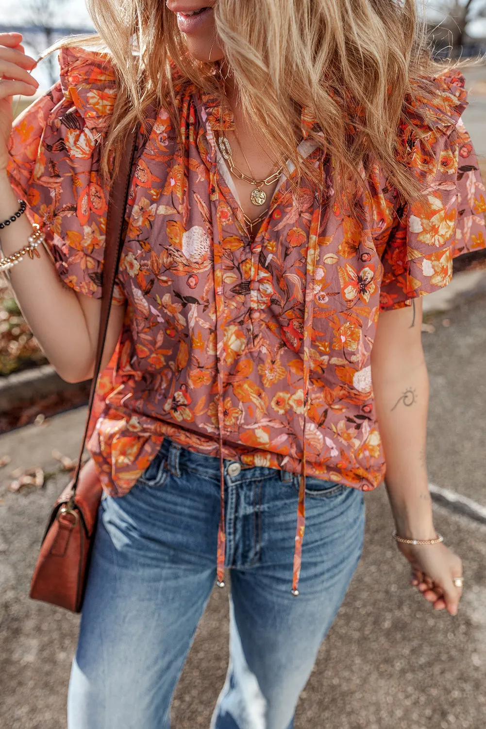 Floral Ruffled Flutter Sleeve Frilled Blouse