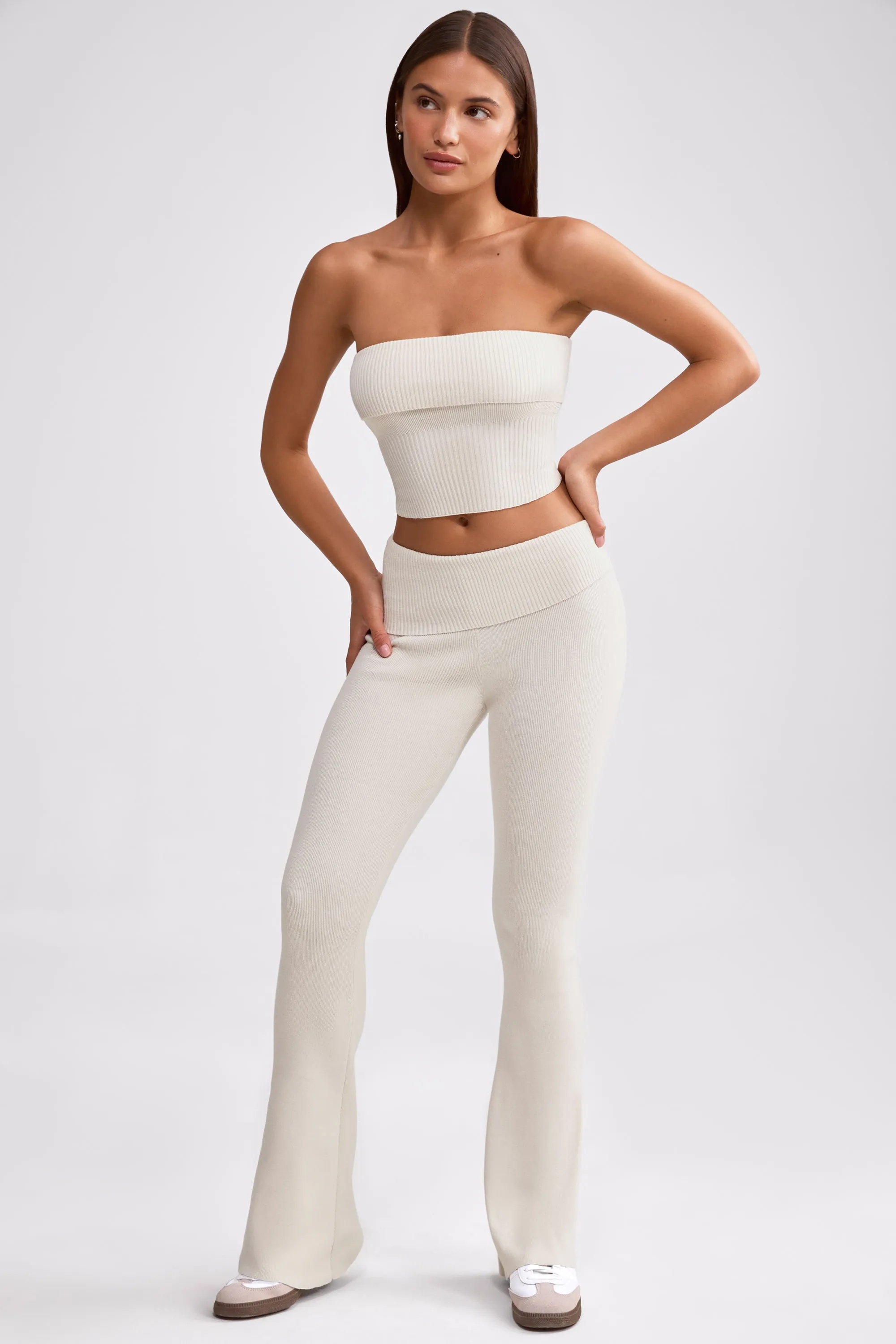 Fold Over Kick Flare Chunky Knit Trousers in Cream