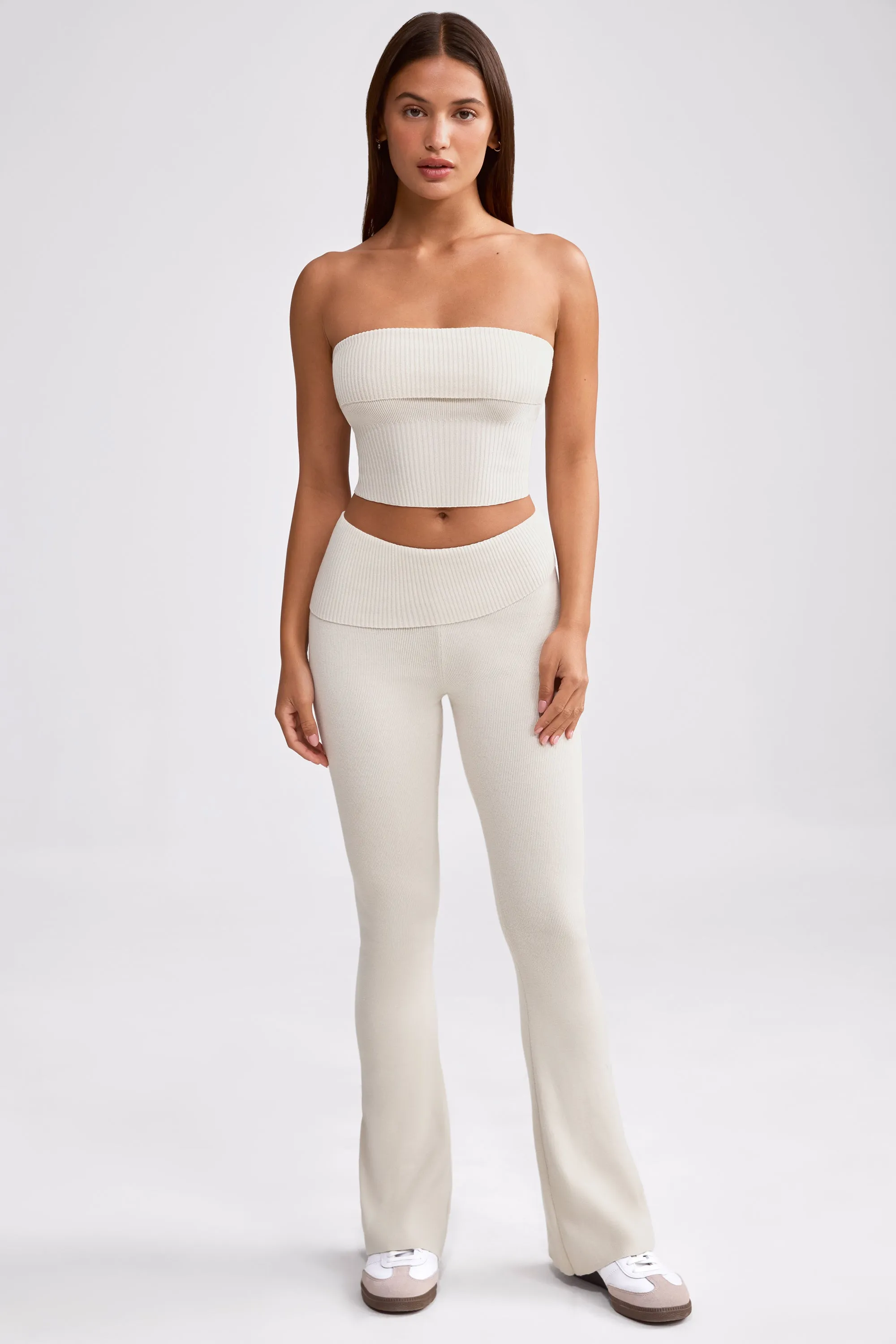 Fold Over Kick Flare Chunky Knit Trousers in Cream