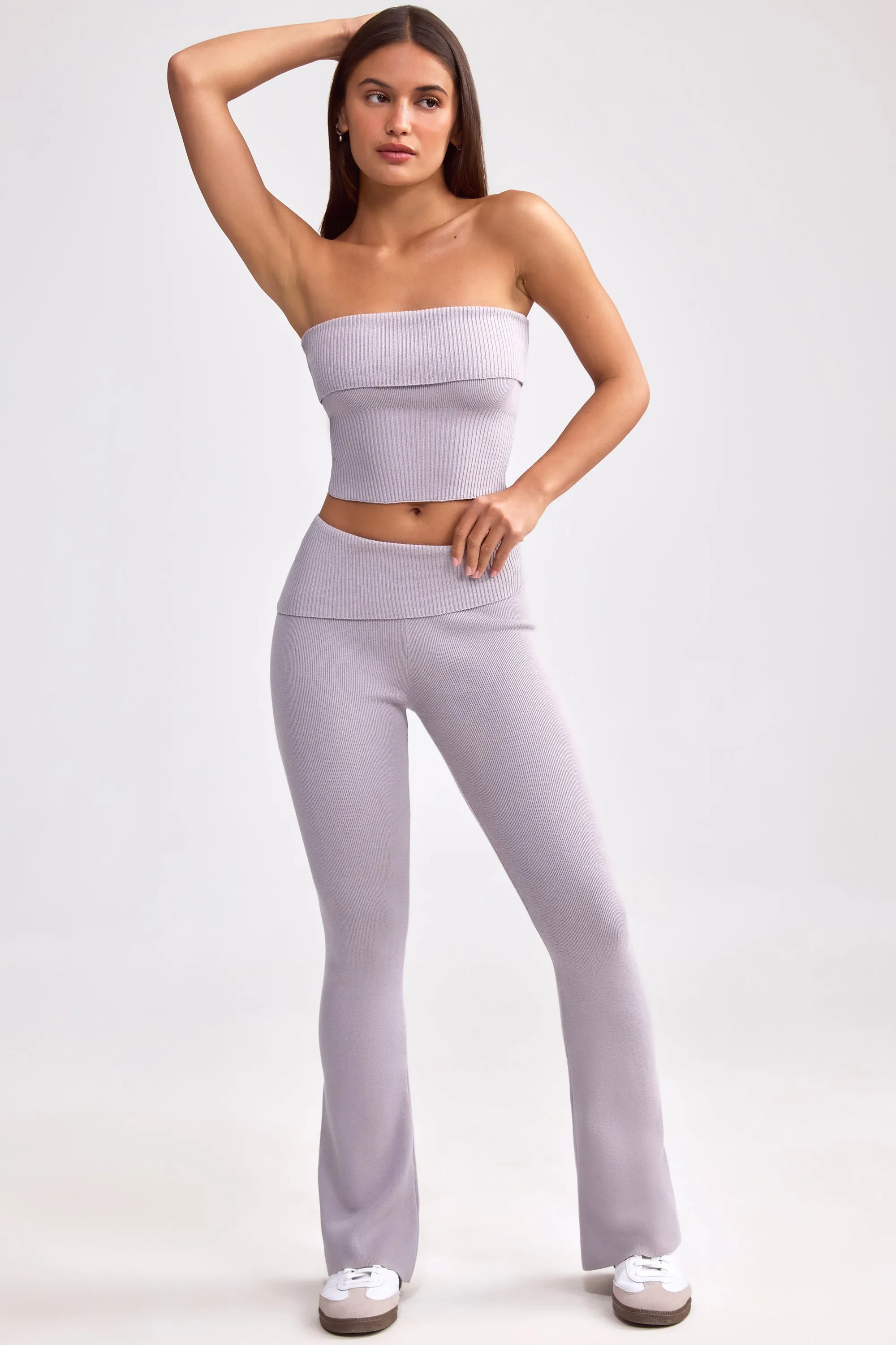 Fold Over Kick Flare Chunky Knit Trousers in Dusty Lavender