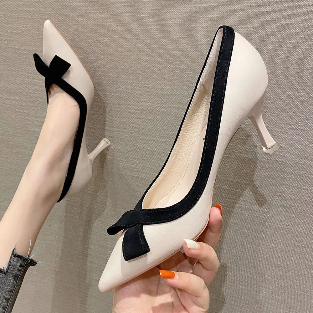 French Style Low Kitten Heels Bowtie Pumps