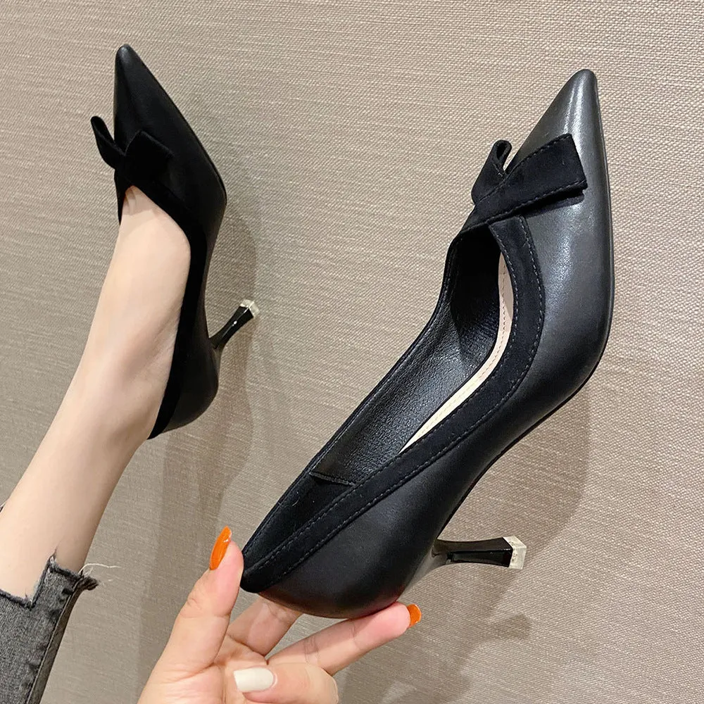 French Style Low Kitten Heels Bowtie Pumps