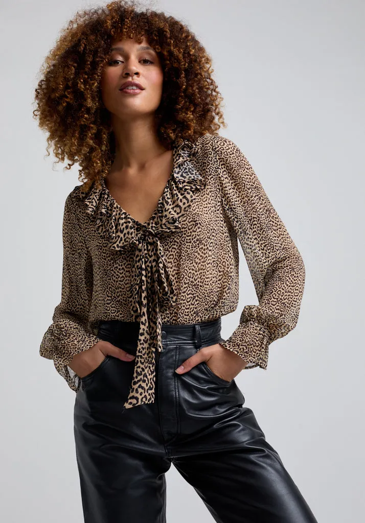 Joni Ruffle Neck Leopard Print Blouse In Brown