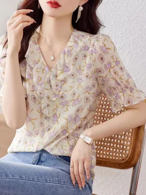 Lauren Elegant Ruffled Floral Chiffon Top