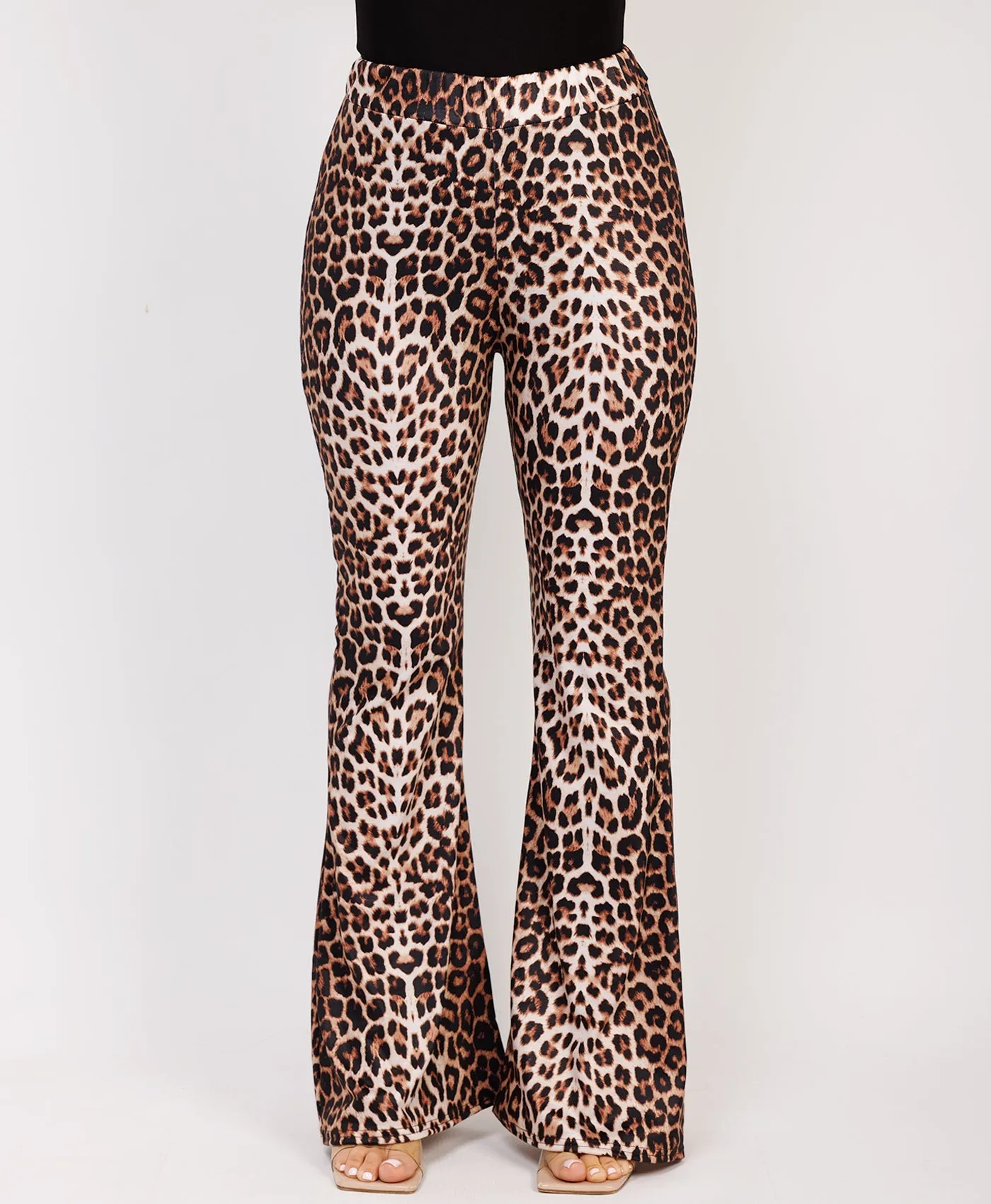 Leopard Print Slinky Glossy Ruched Flare Trousers