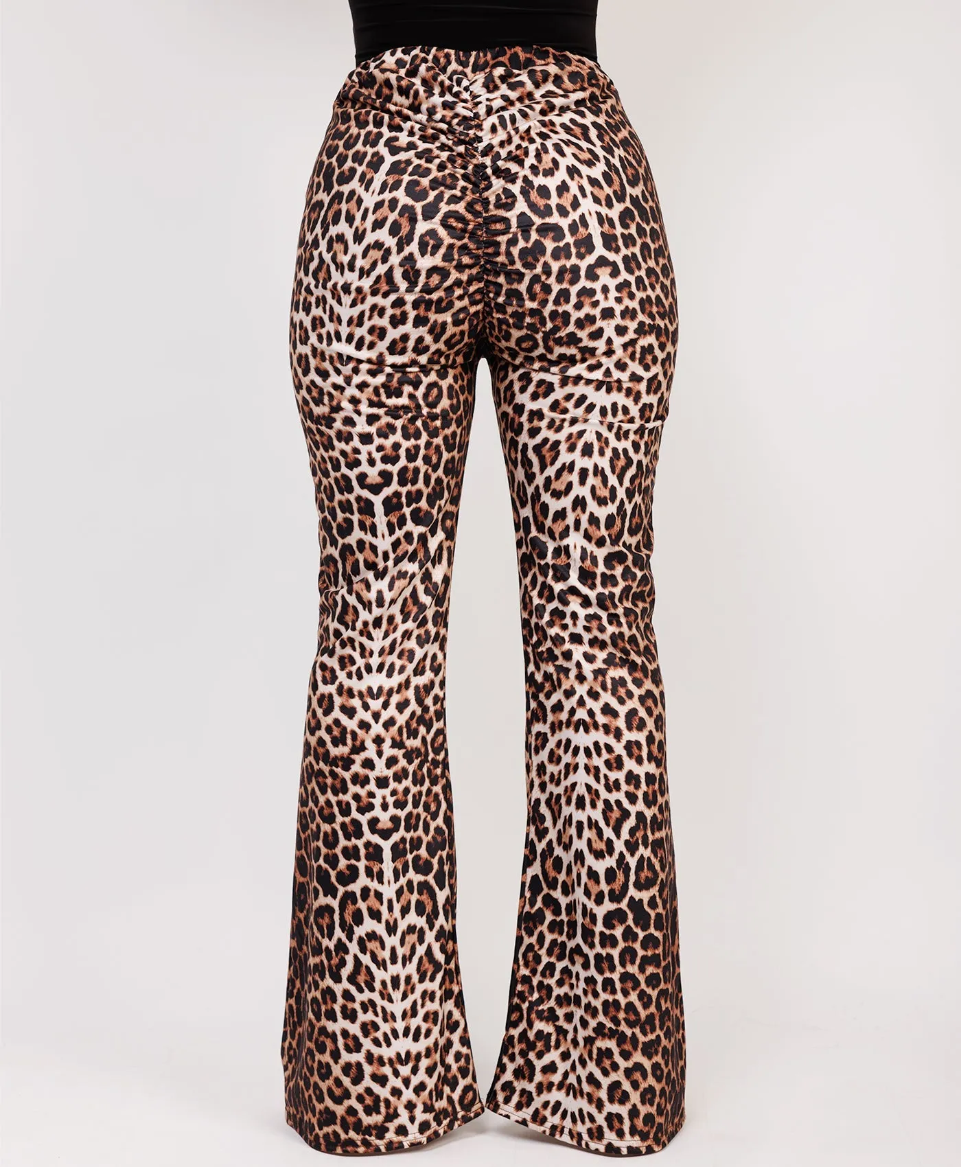 Leopard Print Slinky Glossy Ruched Flare Trousers