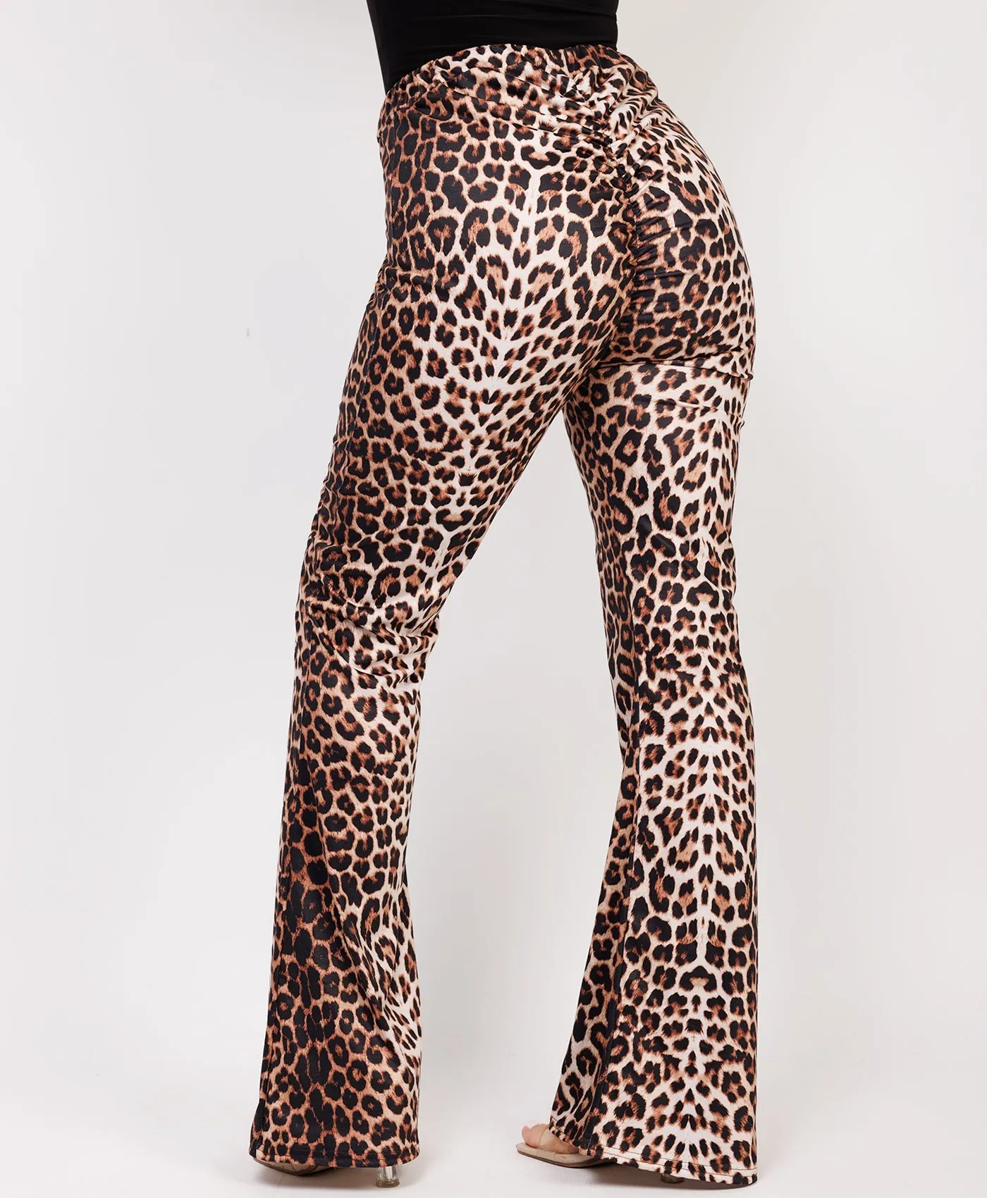 Leopard Print Slinky Glossy Ruched Flare Trousers